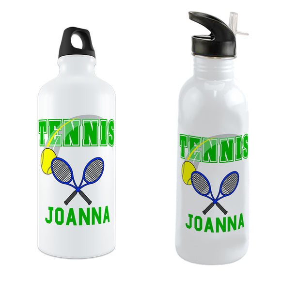 Tennis Ball Swoosh Design and Crossed Rackets personalized with any name on your choice of water bottle styles