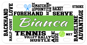 Tennis Terms randomly placed on a custom license plate with any name in the center
