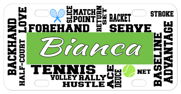 Tennis Terms randomly placed on a custom license plate with any name in the center