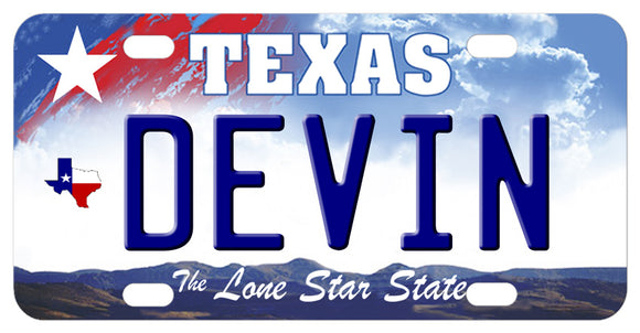 Texas Sky License Plate with Red White and Blue State on left below big star above personalized with any name in center
