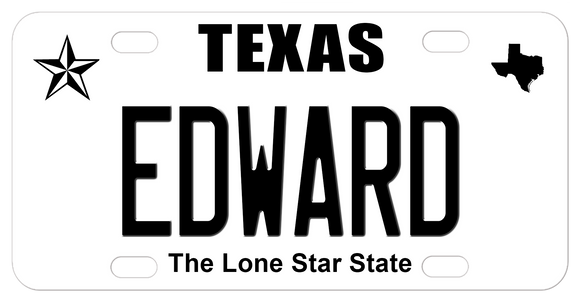 Texas Star Black and White Plate with Name in Center and state icon in top right