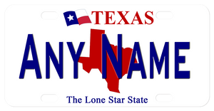 Texas State Silhouette in Red behind any name or custom text. Flag on top with Texas and Lone Star State on bottom