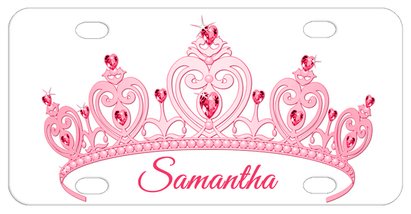 Pink Jeweled Tiara with name in script font on bottom of the plate