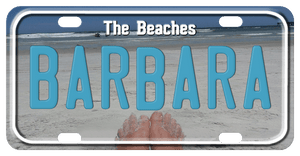 Beach Shoreline and sandy toes showing on the bottom of the plate. Any Text on top and center