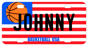USA flag where a basketball takes the place of the stars. Personalized with any name or custom text