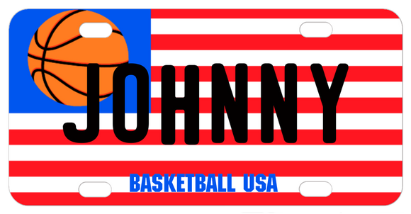USA flag where a basketball takes the place of the stars. Personalized with any name or custom text