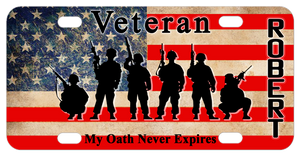 Personalized Veteran License Plates - My Oath Never Expires on distressed American Flag