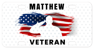 Veteran License Plate Name Tag with Stars, Flag and White Silhouette of Soldier in the flag