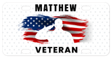 Veteran License Plate Name Tag with Stars, Flag and White Silhouette of Soldier in the flag