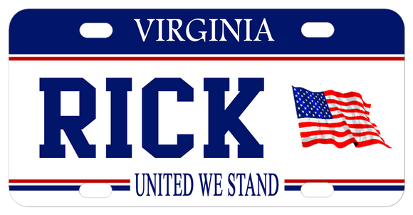 Virginia mini bike plate with flag on right of name and united we stand on bottom personalized with any name 