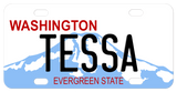 Washington State Mt Rainier mini replica bike plate with Washington below the hole on the left of the plate. Realize this version leaves less room for the name