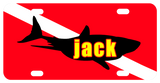 License plate with Diver Flag red and white stripe  with shark. Name is personalized within the shark silhouette