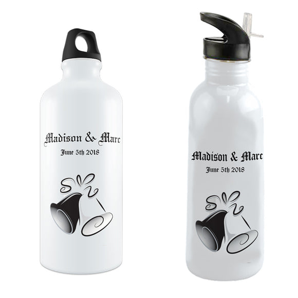 Personalized Water Bottles with wedding Bells, Couples Names and Marriage Date