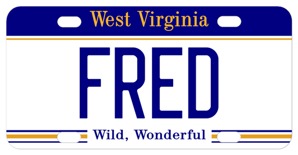 West Virginia custom mini license plate printed with your name in the center