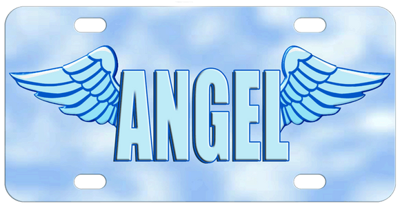 Wings coming from the left of the first letter and the right of the last letter of any name with a block letter font. The background is blue and white resembling hazy clouds on a blue sky