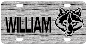 Wolf head in black and gray on grayish wood background any name personalized