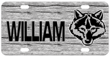 Wolf head in black and gray on grayish wood background any name personalized