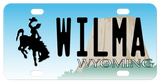 Personalized mini Wyoming license plate with bucking horse and devils tower
