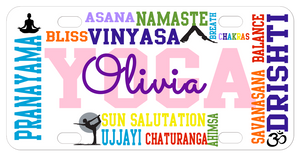 Yoga theme terms randomly placed on a custom mini license plate or front car tag personalized with any name