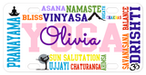 Yoga theme terms randomly placed on a custom mini license plate or front car tag personalized with any name