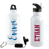 Showing two styles of water bottles with a male and female name in different fonts